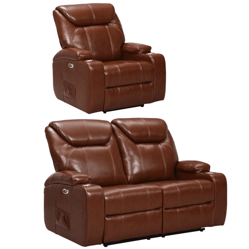Cinema Tan Electric 2+1  Leather Recliner Sofa Set  With Two Cup Holders
