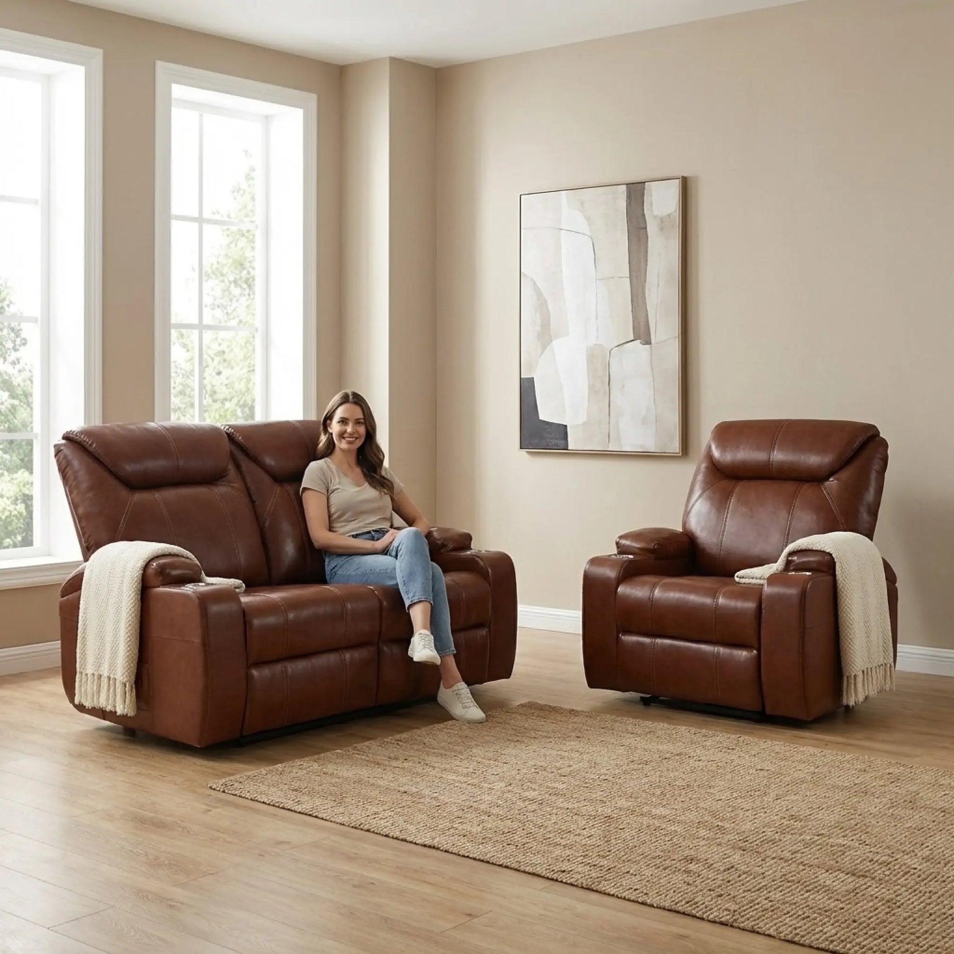 Cinema Tan Electric 2+1 Leather Recliner Sofa Set With Two Cup Holders - Furniture Instore