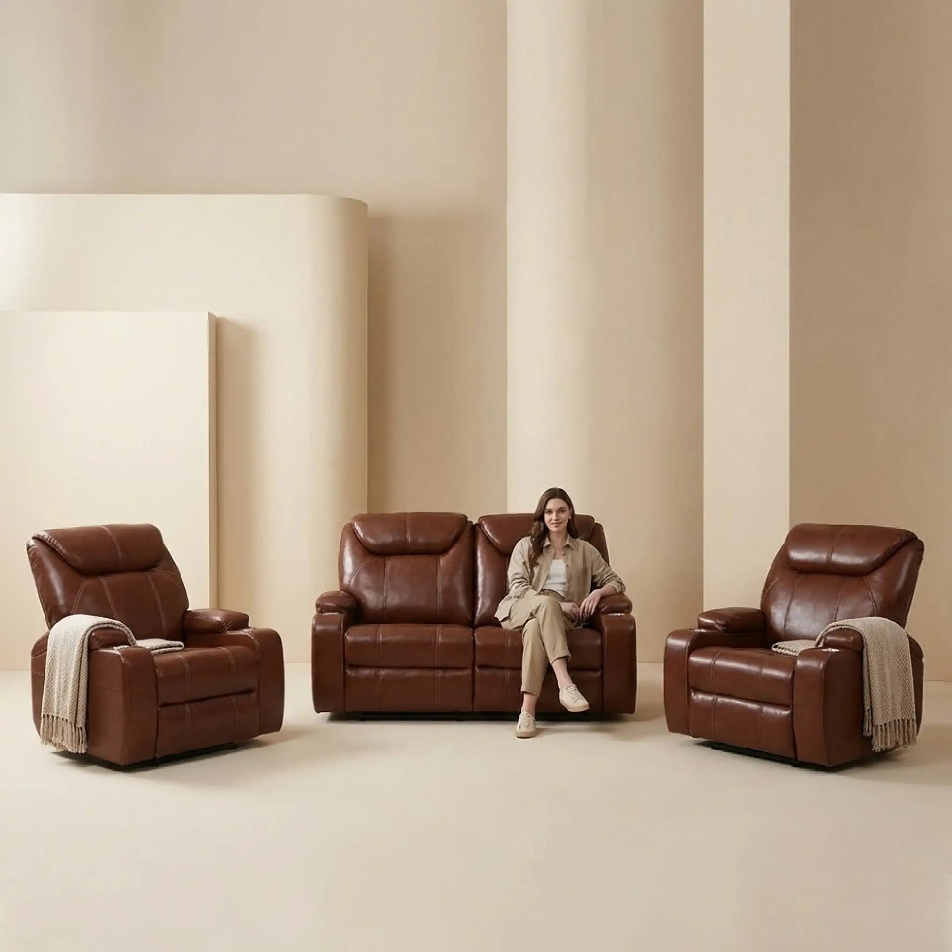 Cinema Tan Electric 2+1+1 Seater Leather Recliner Sofa Set With Two Cup Holders - Furniture Instore