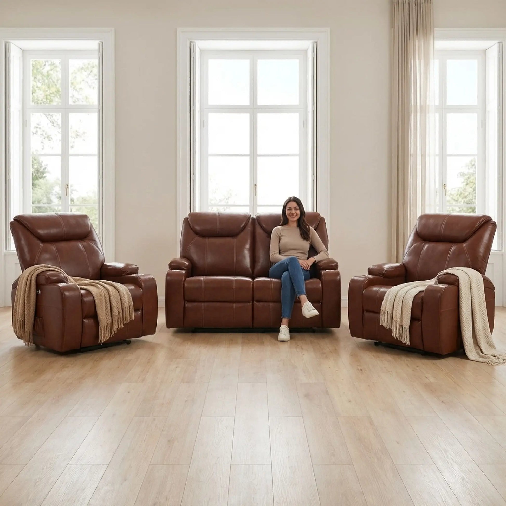 Cinema Tan Electric 2+1+1 Seater Leather Recliner Sofa Set With Two Cup Holders - Furniture Instore