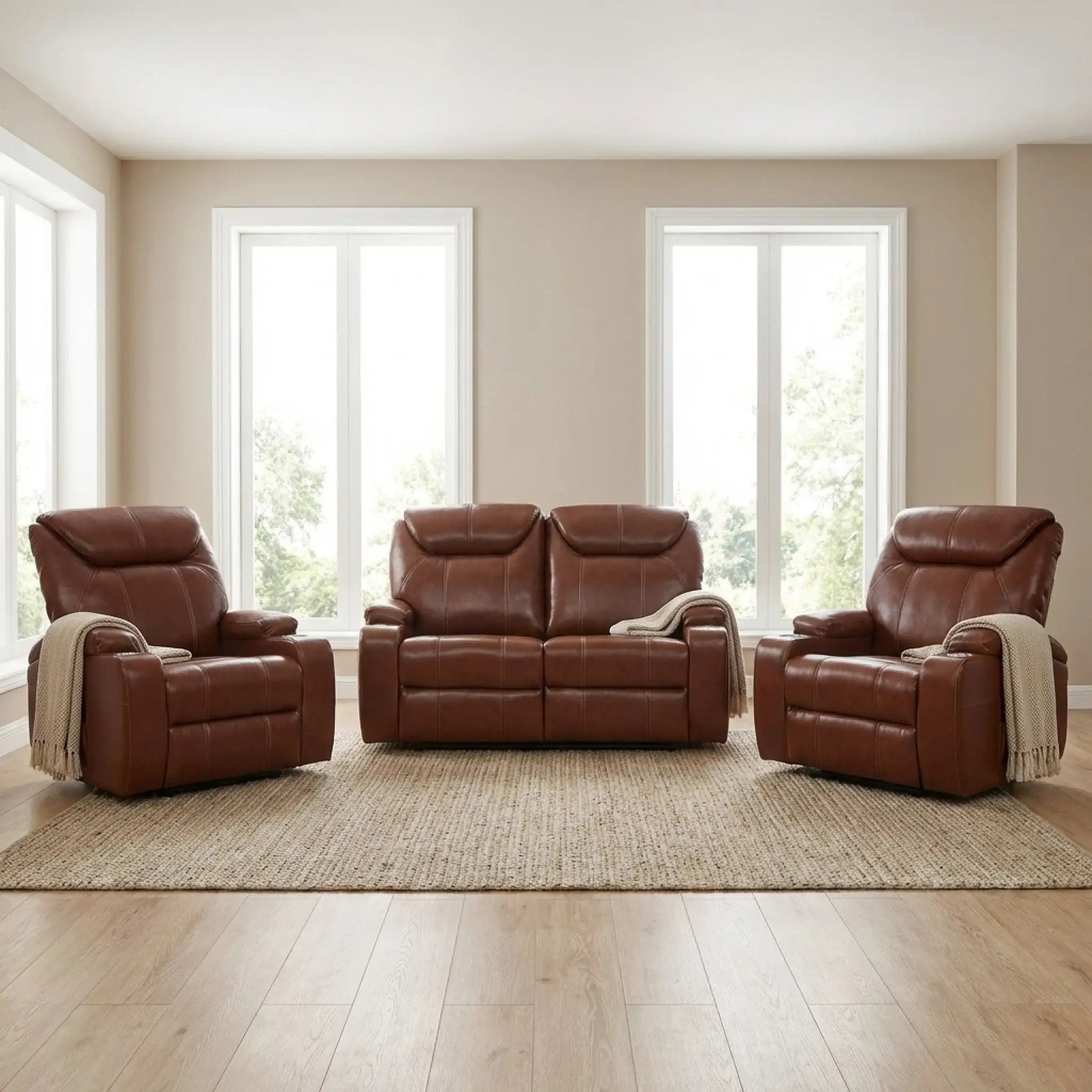 Cinema Tan Electric 2+1+1 Seater Leather Recliner Sofa Set With Two Cup Holders - Furniture Instore