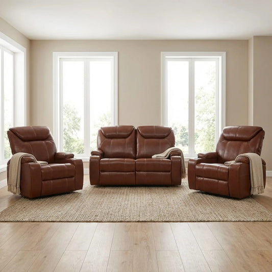 Cinema Tan Electric 2+1+1 Seater Leather Recliner Sofa Set With Two Cup Holders - Furniture Instore