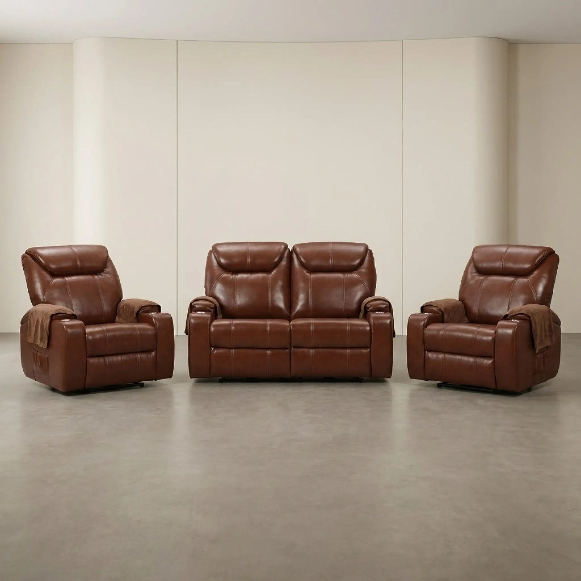 Cinema Tan Electric 2+1+1 Seater Leather Recliner Sofa Set With Two Cup Holders - Furniture Instore
