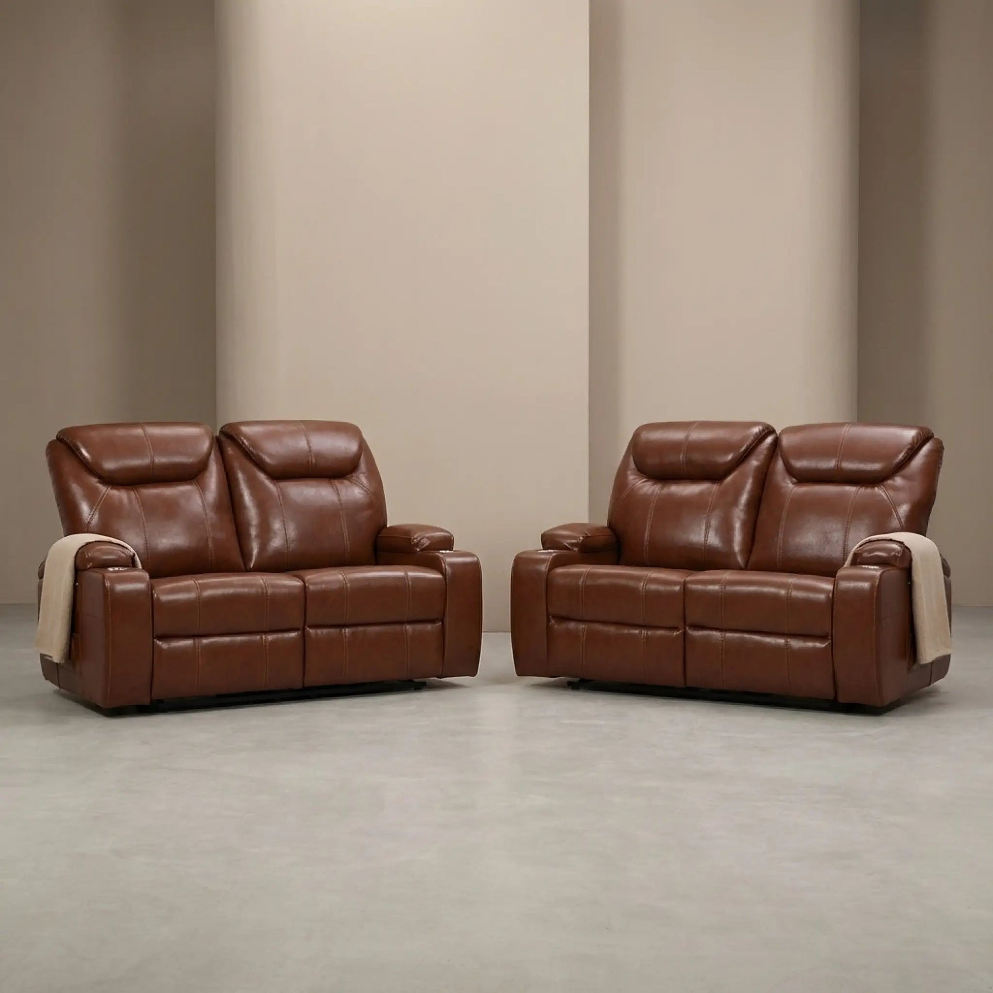 Cinema Tan Electric 2+2 Leather Recliner Sofa Set With Two Cup Holders - Furniture Instore