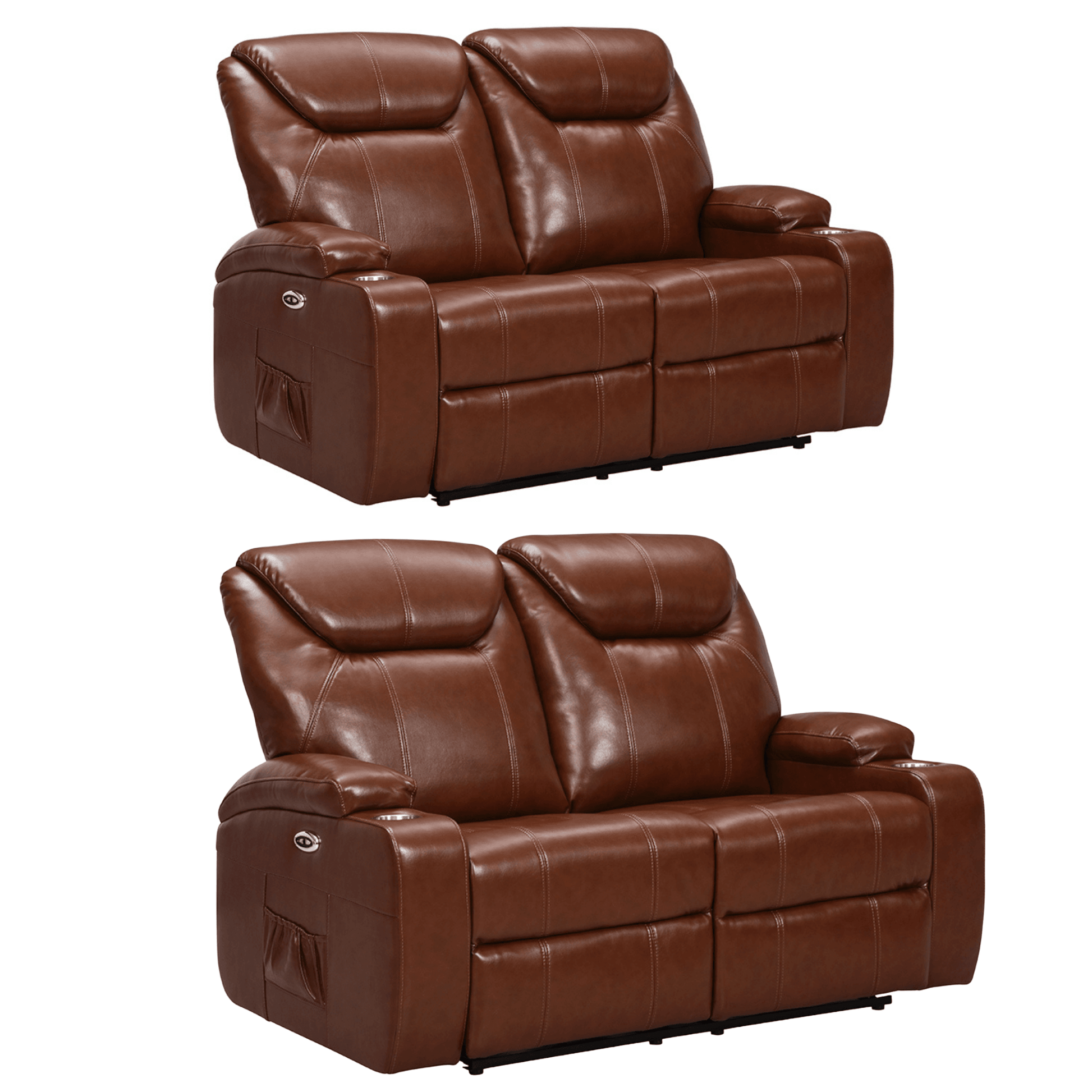 Two brown leather recliners on a white background