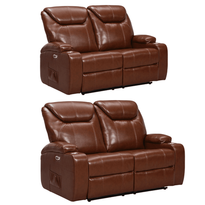 Two brown leather recliners on a white background