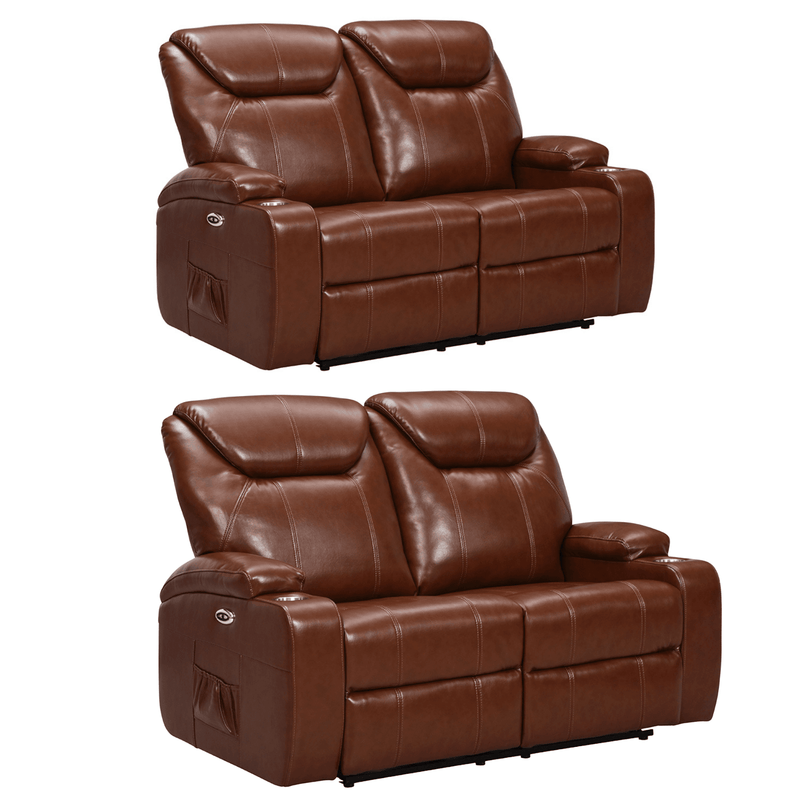 Two brown leather recliners on a white background