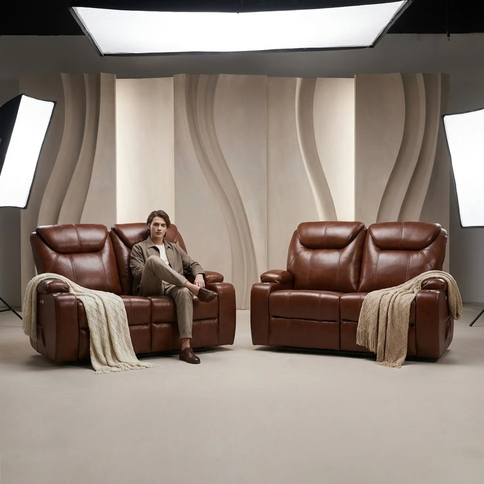 Cinema Tan Electric 2+2 Leather Recliner Sofa Set With Two Cup Holders - Furniture Instore