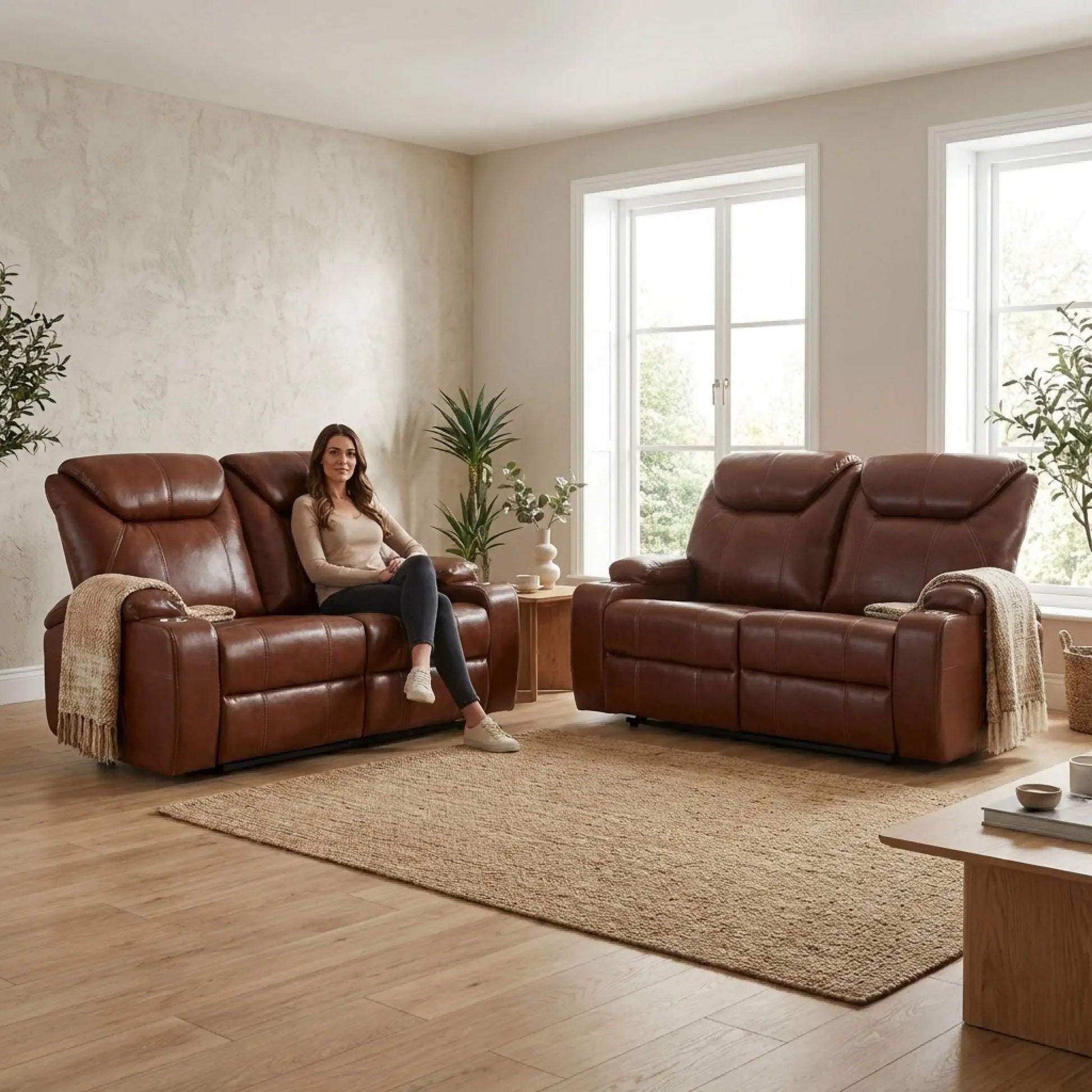 Cinema Tan Electric 2+2 Leather Recliner Sofa Set With Two Cup Holders - Furniture Instore