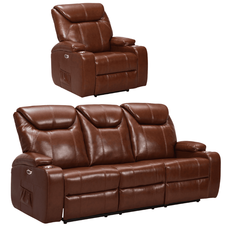 Cinema Tan Electric Leather 3+1 Seater Recliner Sofa Set With Two Cup Holders - Furniture Instore