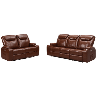 Cinema Tan Electric Leather 3+2 Seater Recliner Sofa Set  With Two Cup Holders