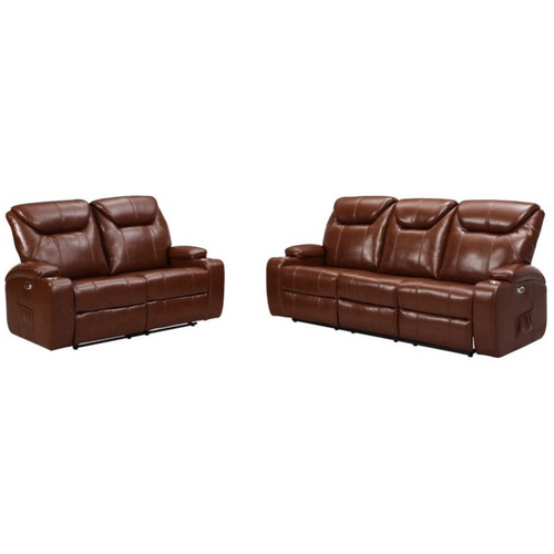 Cinema Tan Electric Leather 3+2 Seater Recliner Sofa Set  With Two Cup Holders