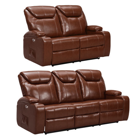Two brown leather reclining sofas on a white background