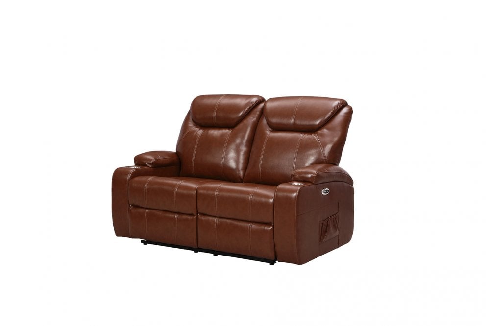 Tan electric leather recliner two-seater sofa with 2 built-in cup holders, shown on white background, perfect for modern living spaces.