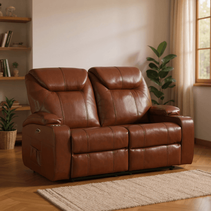 Cinema Tan Electric Leather 3+2+1 Seater Recliner Sofa Set With Two Cup Holders - Furniture Instore