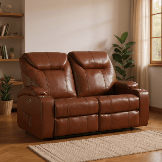 Cinema Tan Electric Leather 3+2+1 Seater Recliner Sofa Set With Two Cup Holders - Furniture Instore