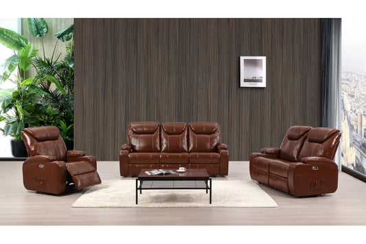 Cinema Tan Electric Leather 3+2+1 Seater Recliner Sofa Set With Two Cup Holders - Furniture Instore