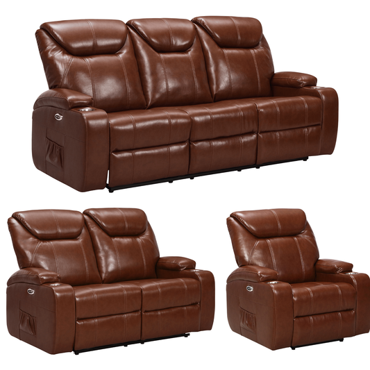 Brown leather recliner sofa set on a white background