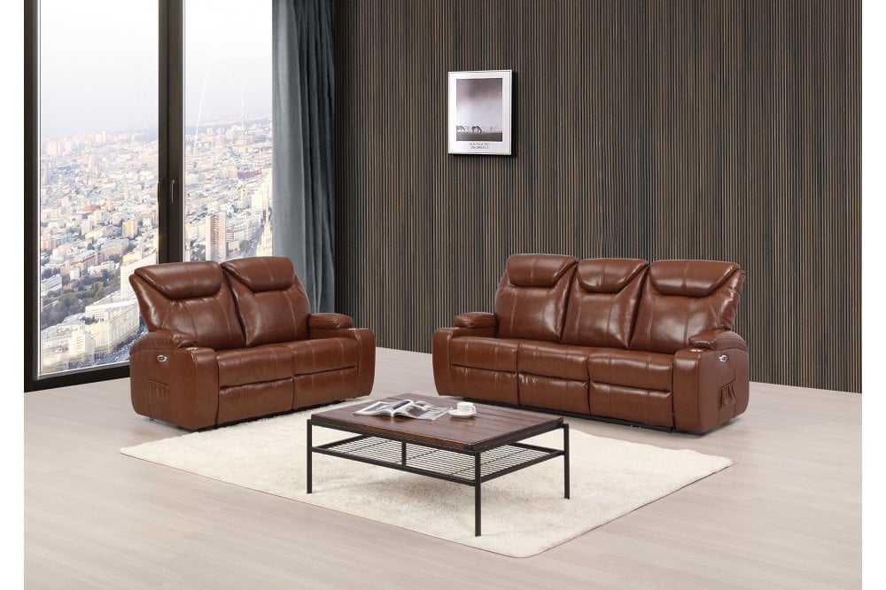 Tan electric leather recliner sofa set, modern 3+2 seater configuration with built-in cup holders, perfect for contemporary living rooms