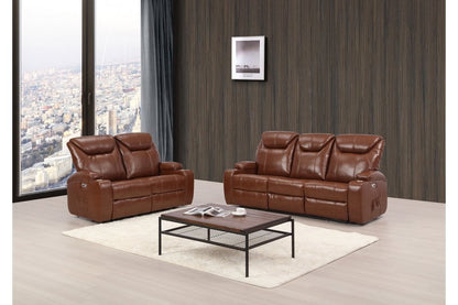 Tan electric leather recliner sofa set, modern 3+2 seater configuration with built-in cup holders, perfect for contemporary living rooms