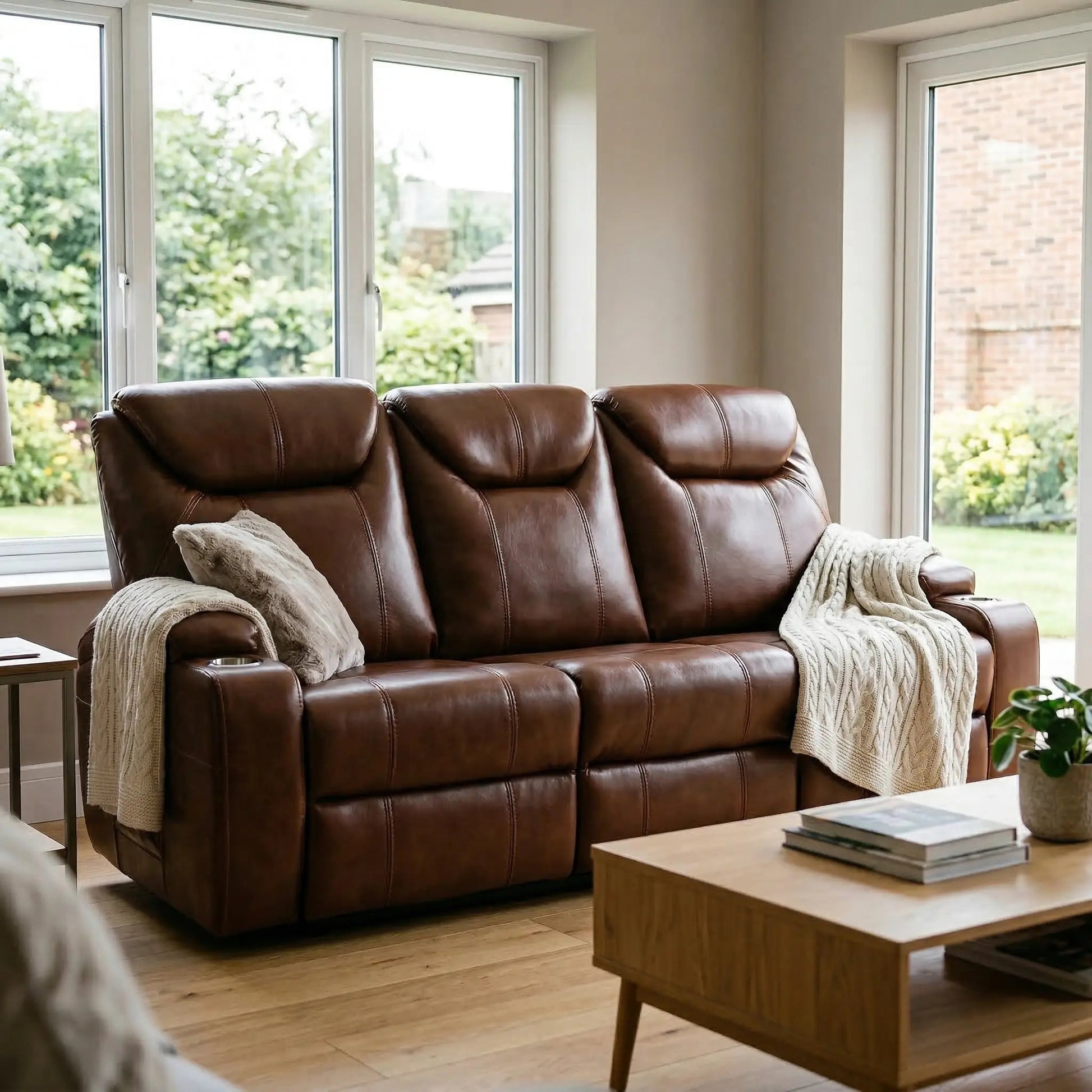 Cinema Tan Electric Leather 3 Seater Recliner Sofa With Two Cup Holders - Furniture Instore