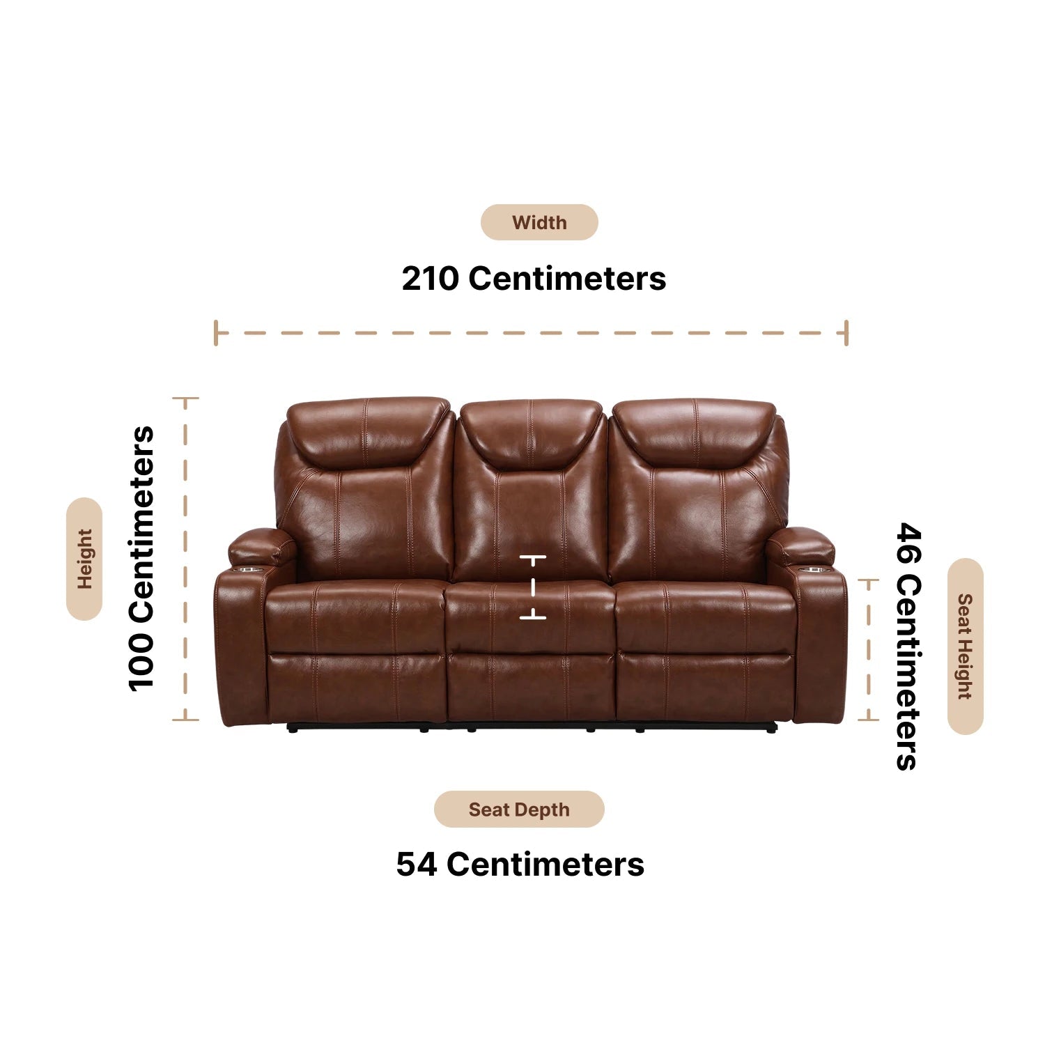Cinema Tan Electric Leather 3 Seater Recliner Sofa With Two Cup Holders Dimensions