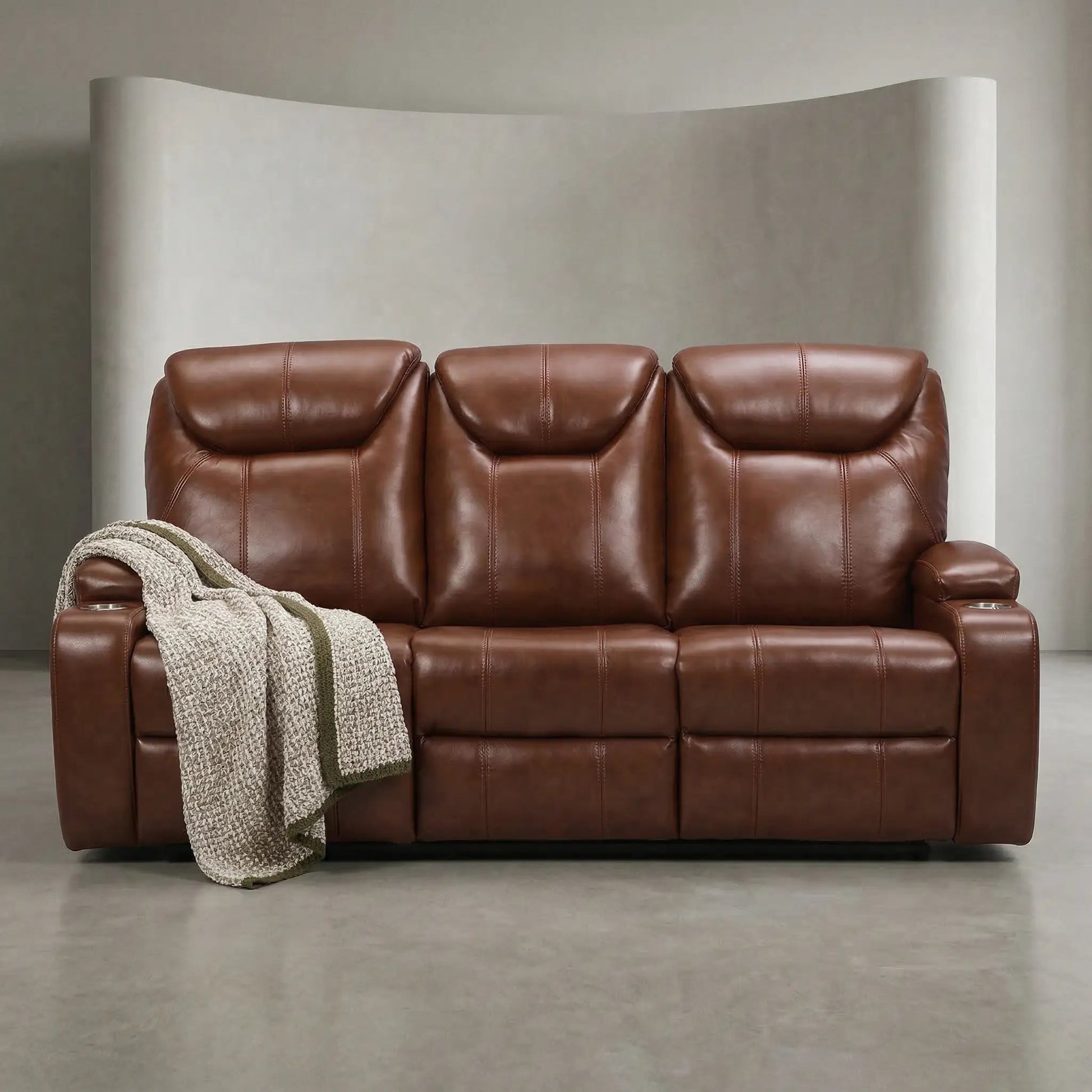 Cinema Tan Electric Leather 3 Seater Recliner Sofa With Two Cup Holders - Furniture Instore