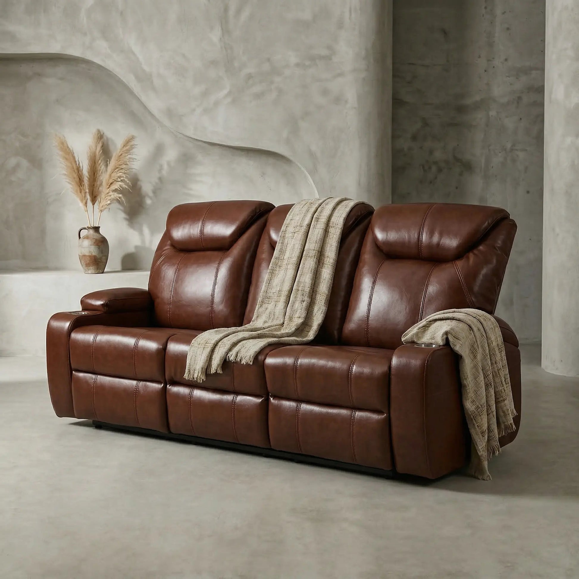 Cinema Tan Electric Leather 3 Seater Recliner Sofa With Two Cup Holders - Furniture Instore
