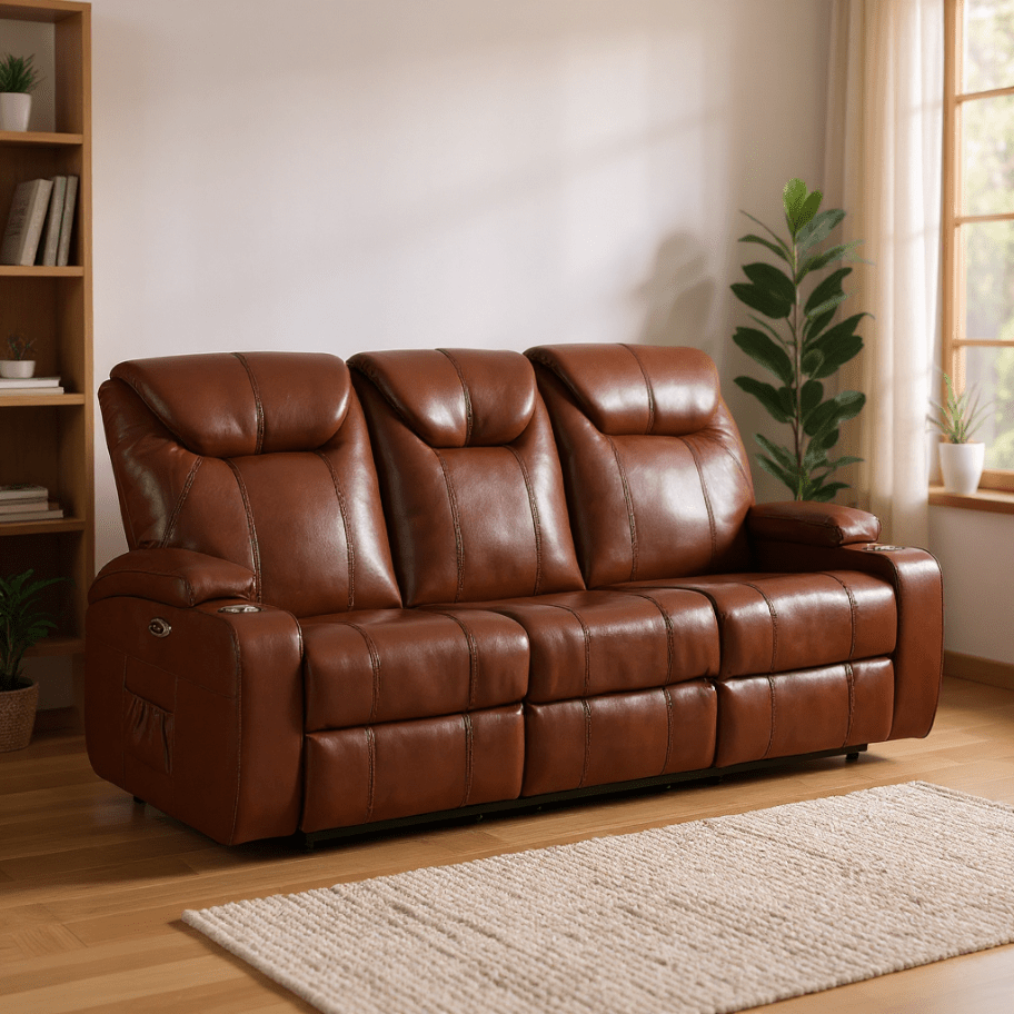 Cinema Tan Electric Leather 3+1 Seater Recliner Sofa Set With Two Cup Holders - Furniture Instore