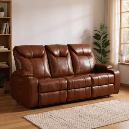 Cinema Tan Electric Leather 3+1 Seater Recliner Sofa Set With Two Cup Holders - Furniture Instore