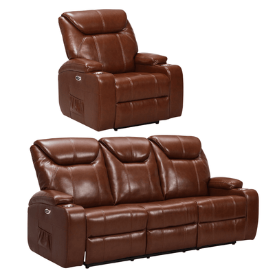 Cinema Tan Electric Leather 3+1 Seater Recliner Sofa Set With Two Cup Holders