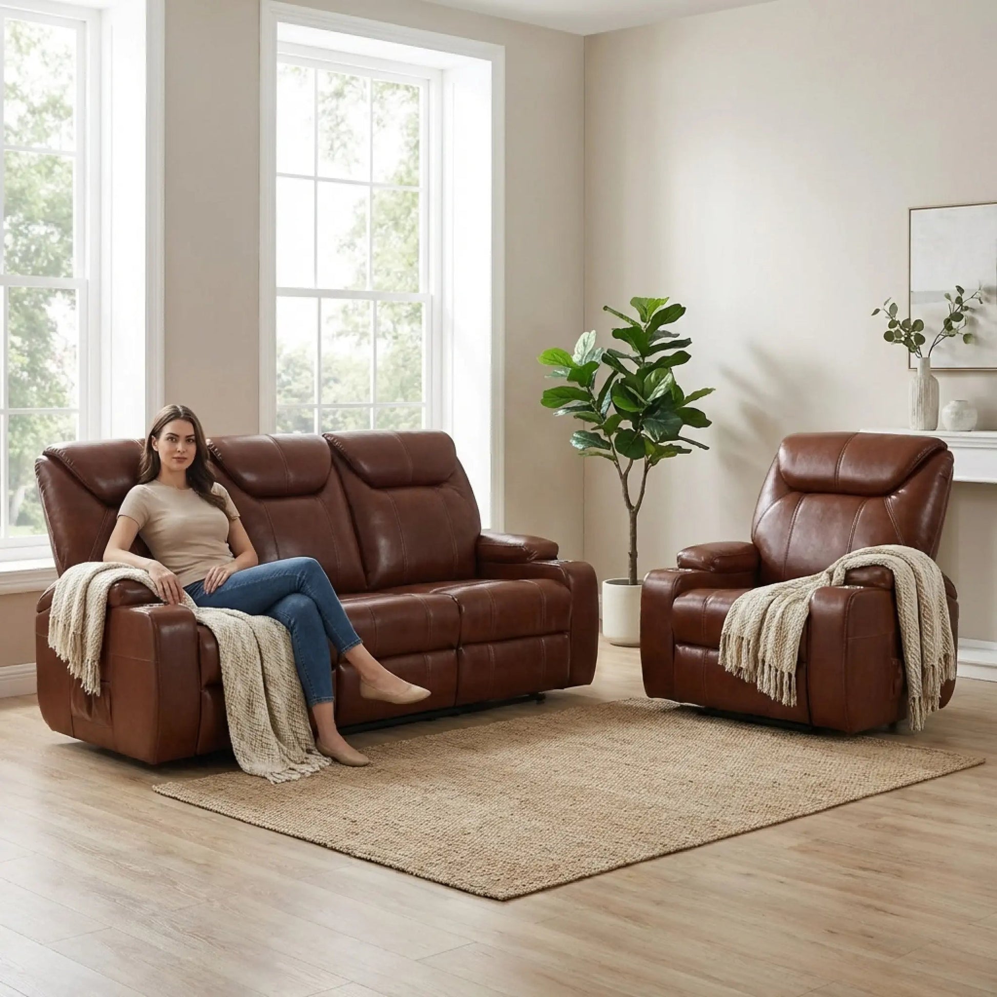 Cinema Tan Electric Leather 3+1 Seater Recliner Sofa Set With Two Cup Holders - Furniture Instore