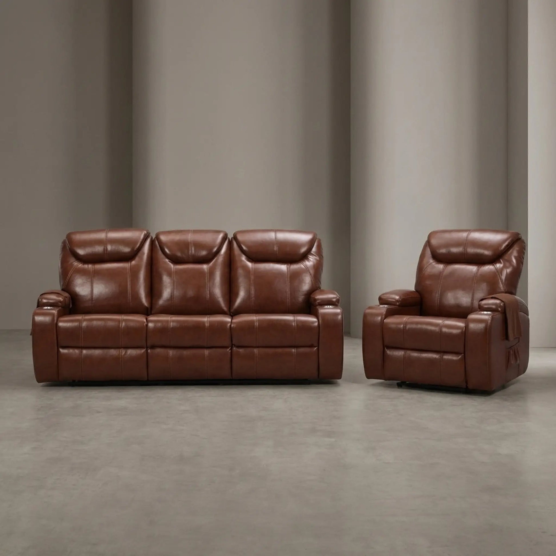 Cinema Tan Electric Leather 3+1 Seater Recliner Sofa Set With Two Cup Holders - Furniture Instore