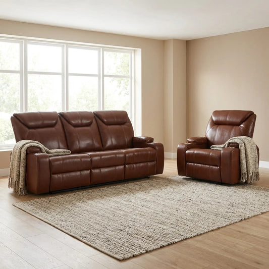 Cinema Tan Electric Leather 3+1 Seater Recliner Sofa Set With Two Cup Holders - Furniture Instore