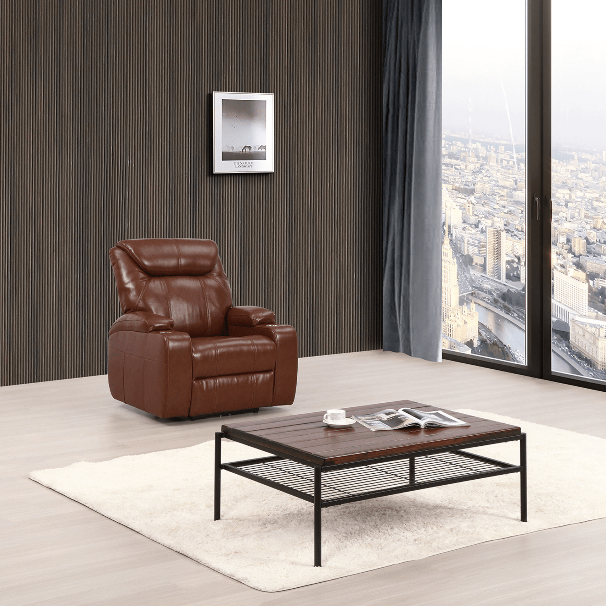 Cinema Tan Electric Leather 3+1+1 Seater Recliner Sofa Set With Two Cup Holders - Furniture Instore