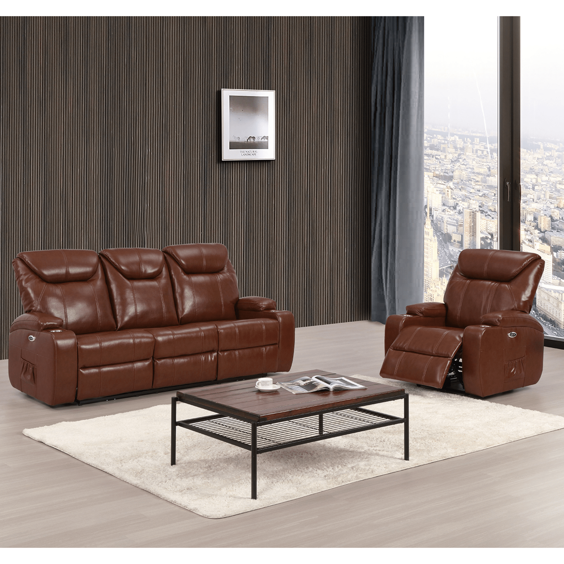Cinema Tan Electric Leather 3+1+1 Seater Recliner Sofa Set With Two Cup Holders - Furniture Instore