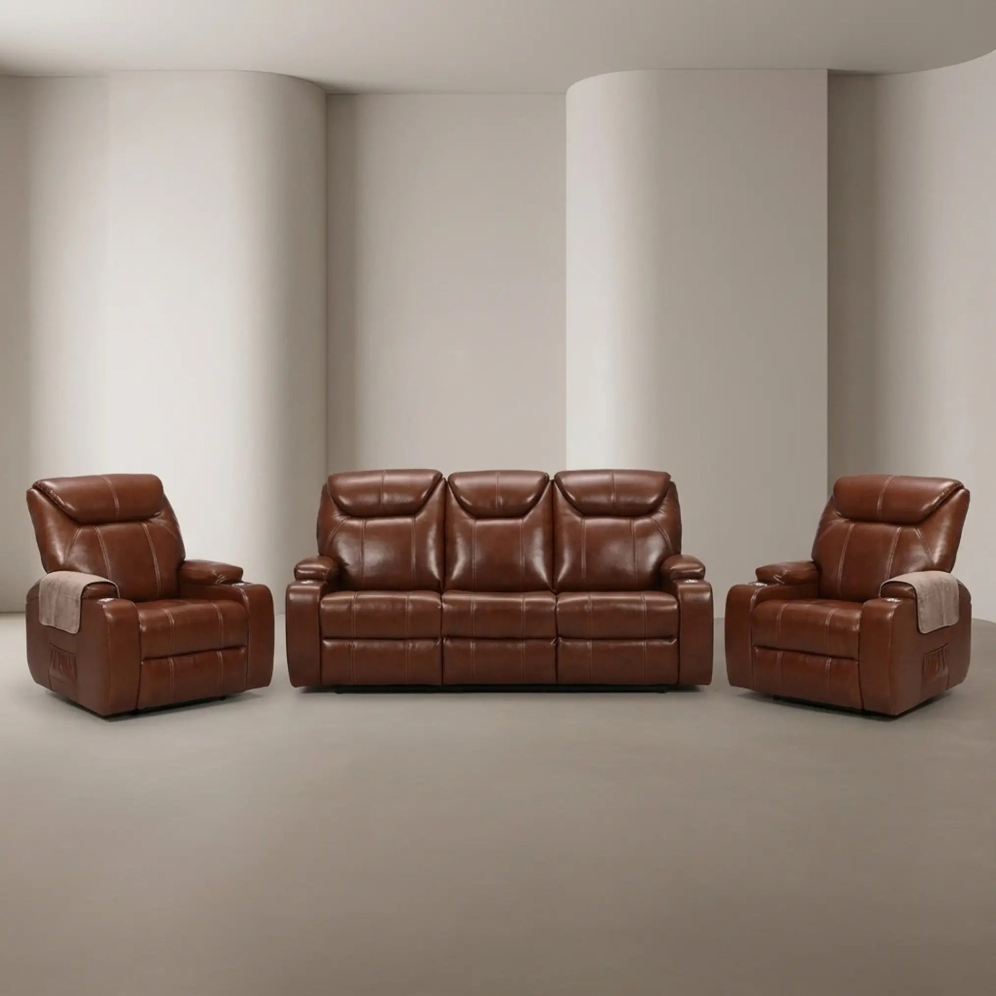 Cinema Tan Electric Leather 3+1+1 Seater Recliner Sofa Set With Two Cup Holders - Furniture Instore