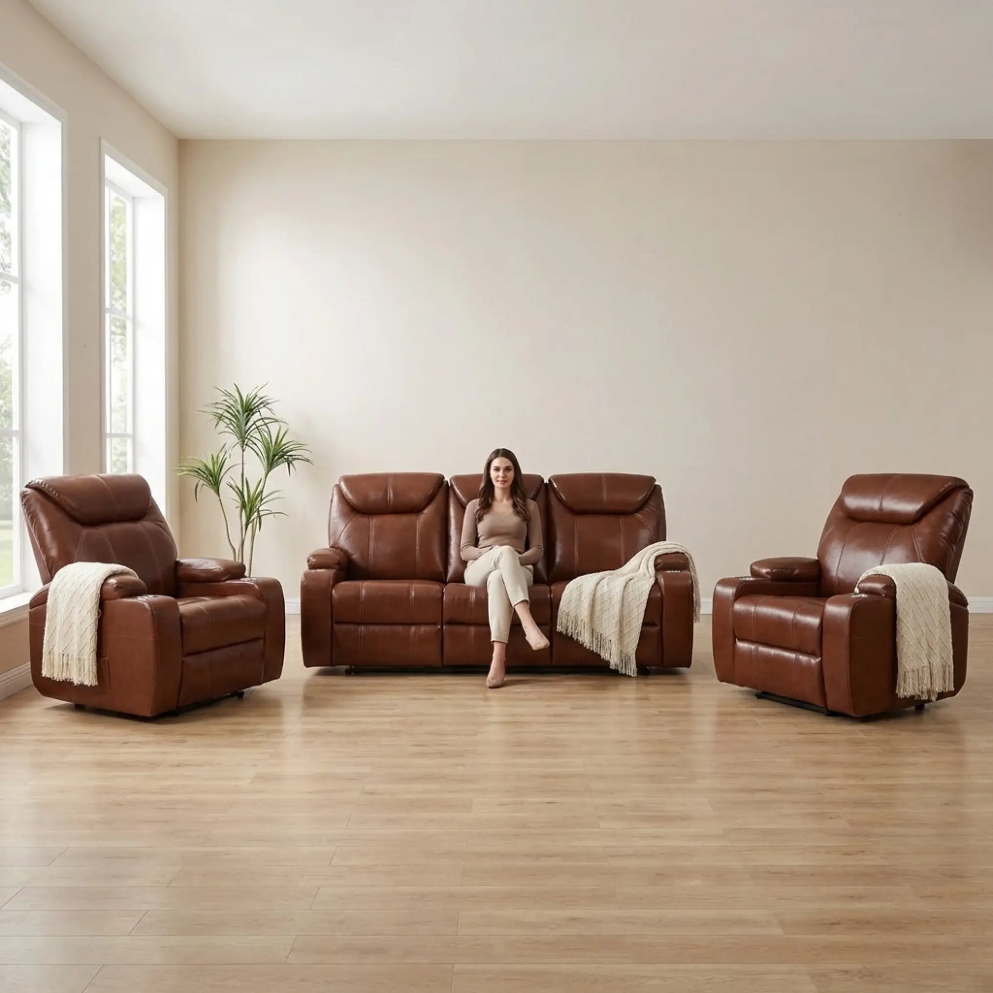 Cinema Tan Electric Leather 3+1+1 Seater Recliner Sofa Set With Two Cup Holders - Furniture Instore