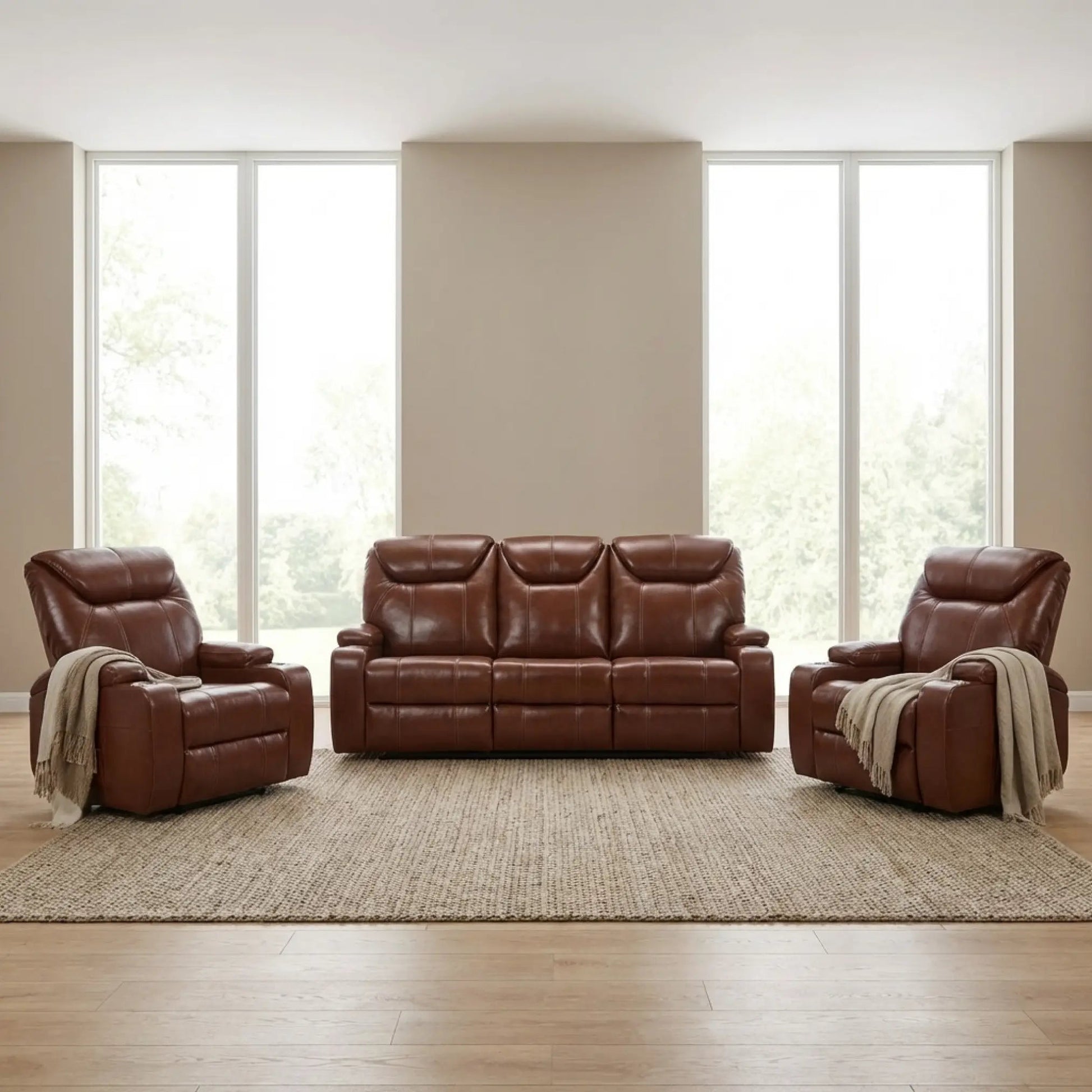 Cinema Tan Electric Leather 3+1+1 Seater Recliner Sofa Set With Two Cup Holders - Furniture Instore