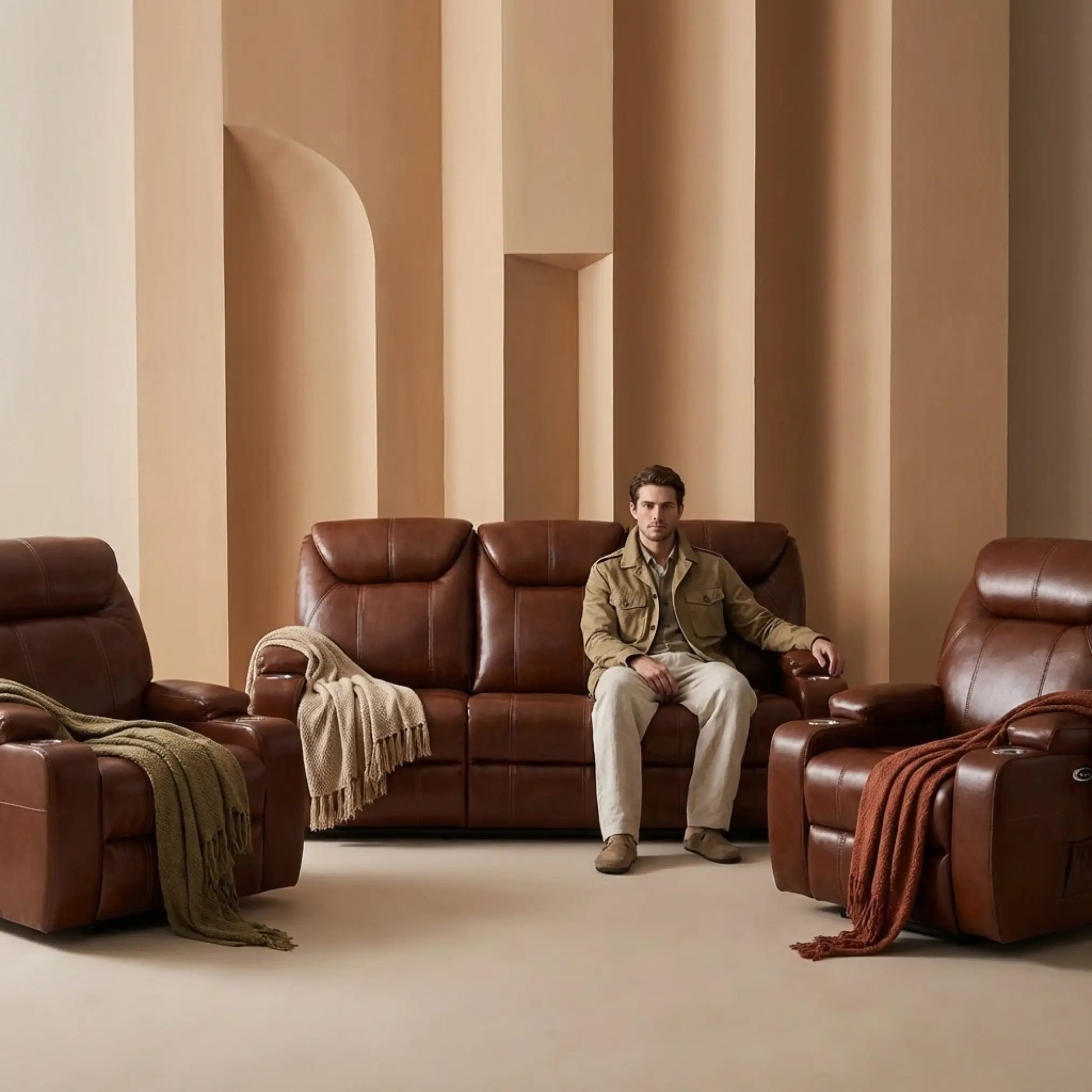 Cinema Tan Electric Leather 3+1+1 Seater Recliner Sofa Set With Two Cup Holders - Furniture Instore