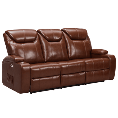 Cinema Tan Electric Leather 3 Seater Recliner Sofa With Two Cup Holders