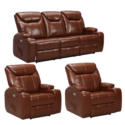 Cinema Tan Electric Leather 3+1+1 Seater Recliner Sofa Set  With Two Cup Holders