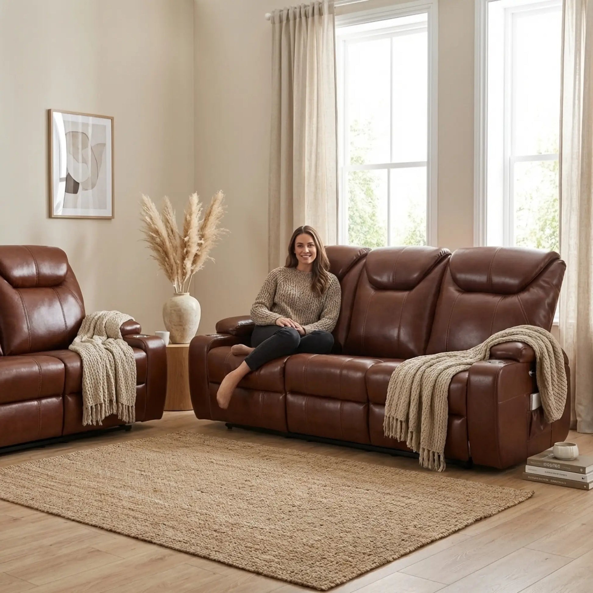 Cinema Tan Electric Leather 3+2 Seater Recliner Sofa Set With Two Cup Holders - Furniture Instore