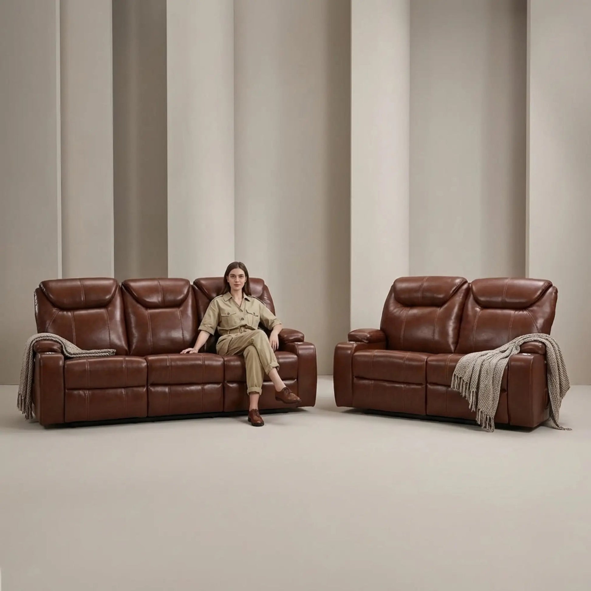 Cinema Tan Electric Leather 3+2 Seater Recliner Sofa Set With Two Cup Holders - Furniture Instore