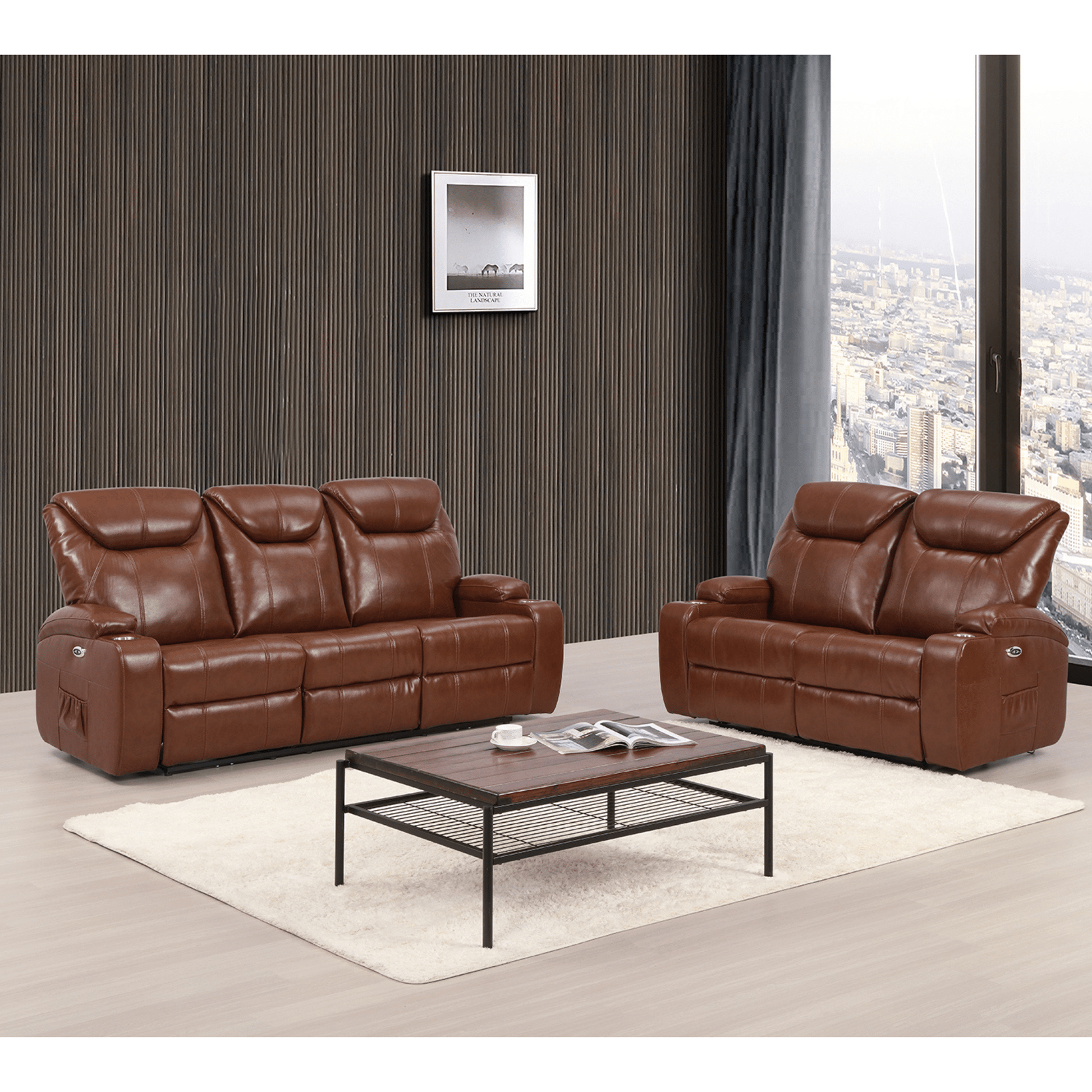 Brown leather reclining sofa set in a living room with a coffee table.