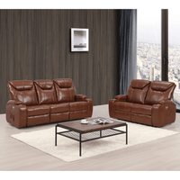 Brown leather reclining sofa set in a living room with a coffee table.