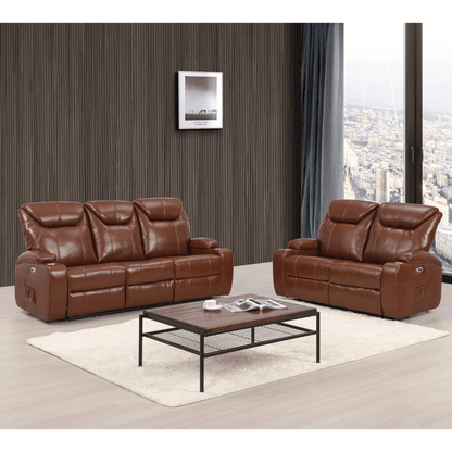 Brown leather reclining sofa set in a living room with a coffee table.