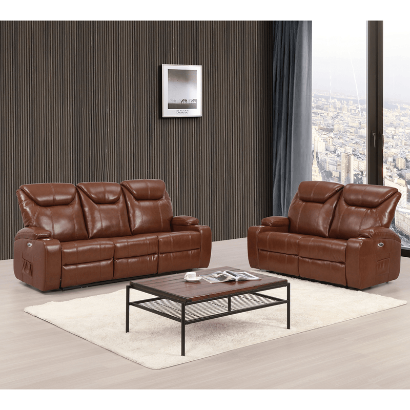 Brown leather reclining sofa set in a living room with a coffee table.