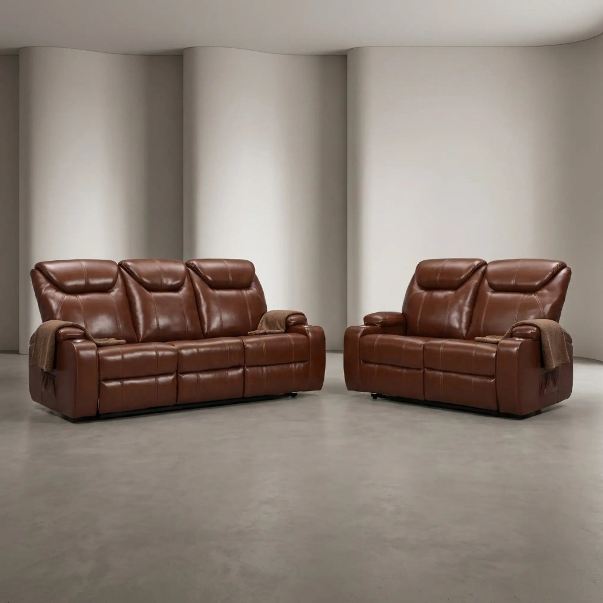 Cinema Tan Electric Leather 3+2 Seater Recliner Sofa Set With Two Cup Holders - Furniture Instore