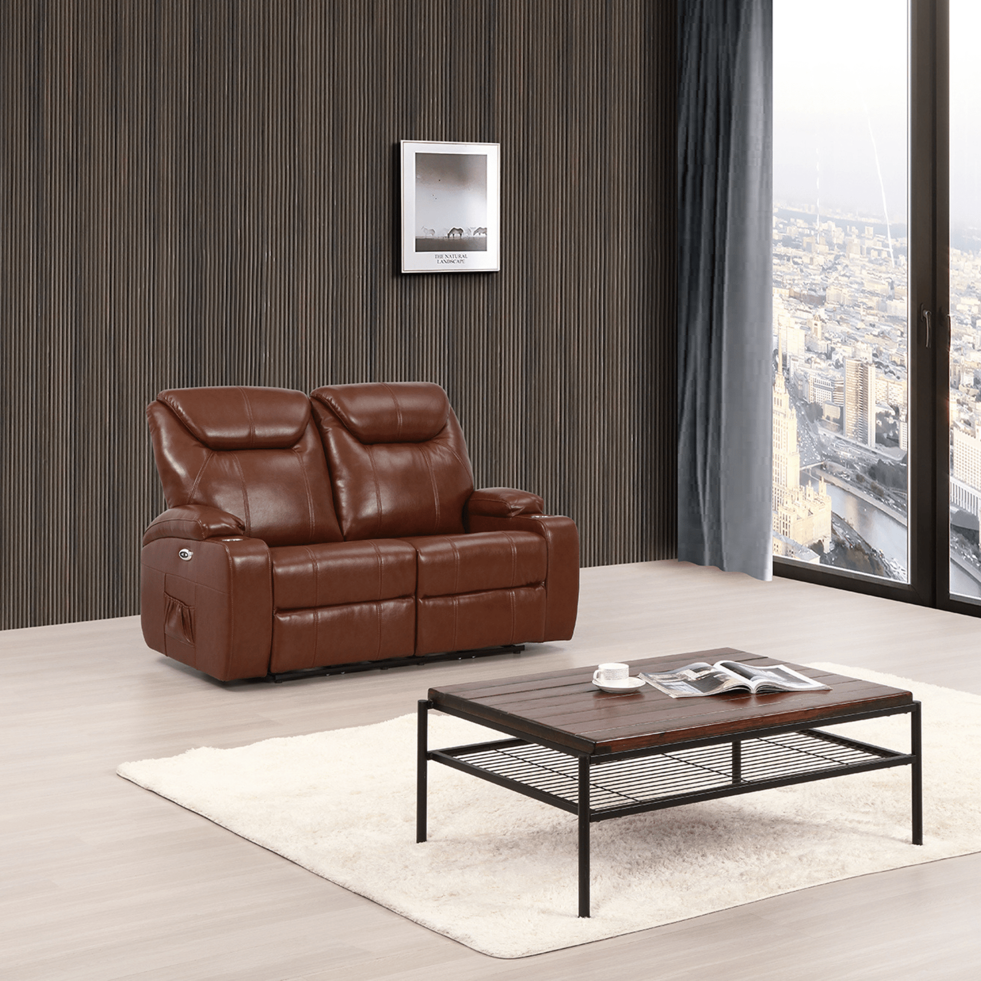 Brown leather sofa in a living room with a coffee table and city view.